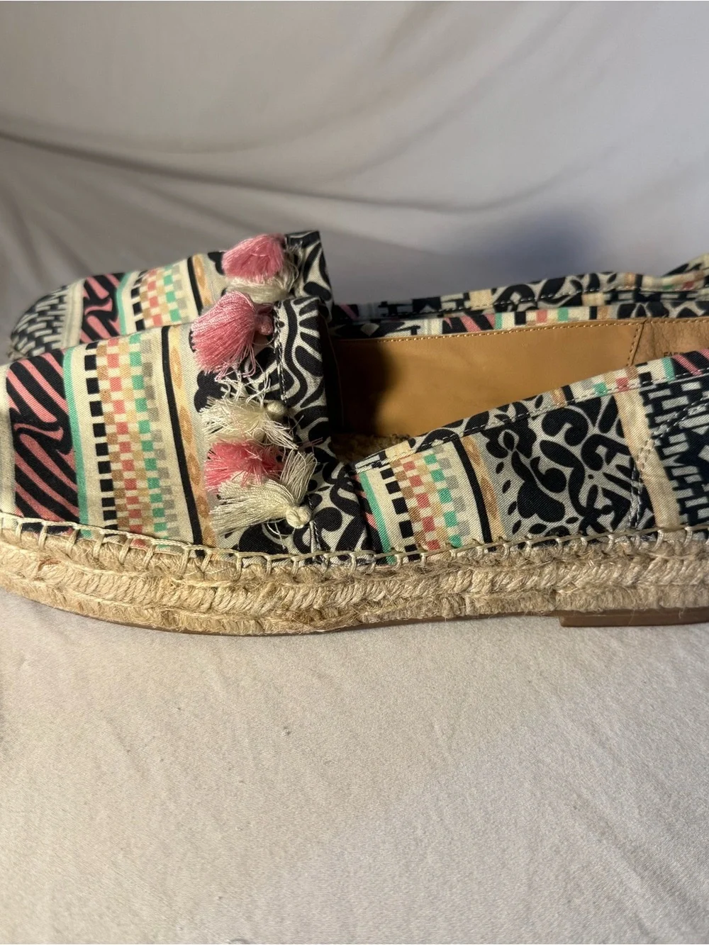 Crown Vintage Multicolor Patterned Espadrille Flats with Pink & Cream Tassels